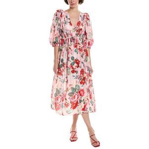 Sea Ny Womens Laine Floral Silk Midi Dress, Pink